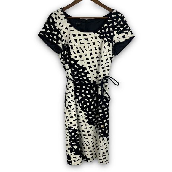 Talbots Cream Black Short Sleeve Belted Geometric Sheath Midi Dress Size 10‎ - Picture 1 of 13